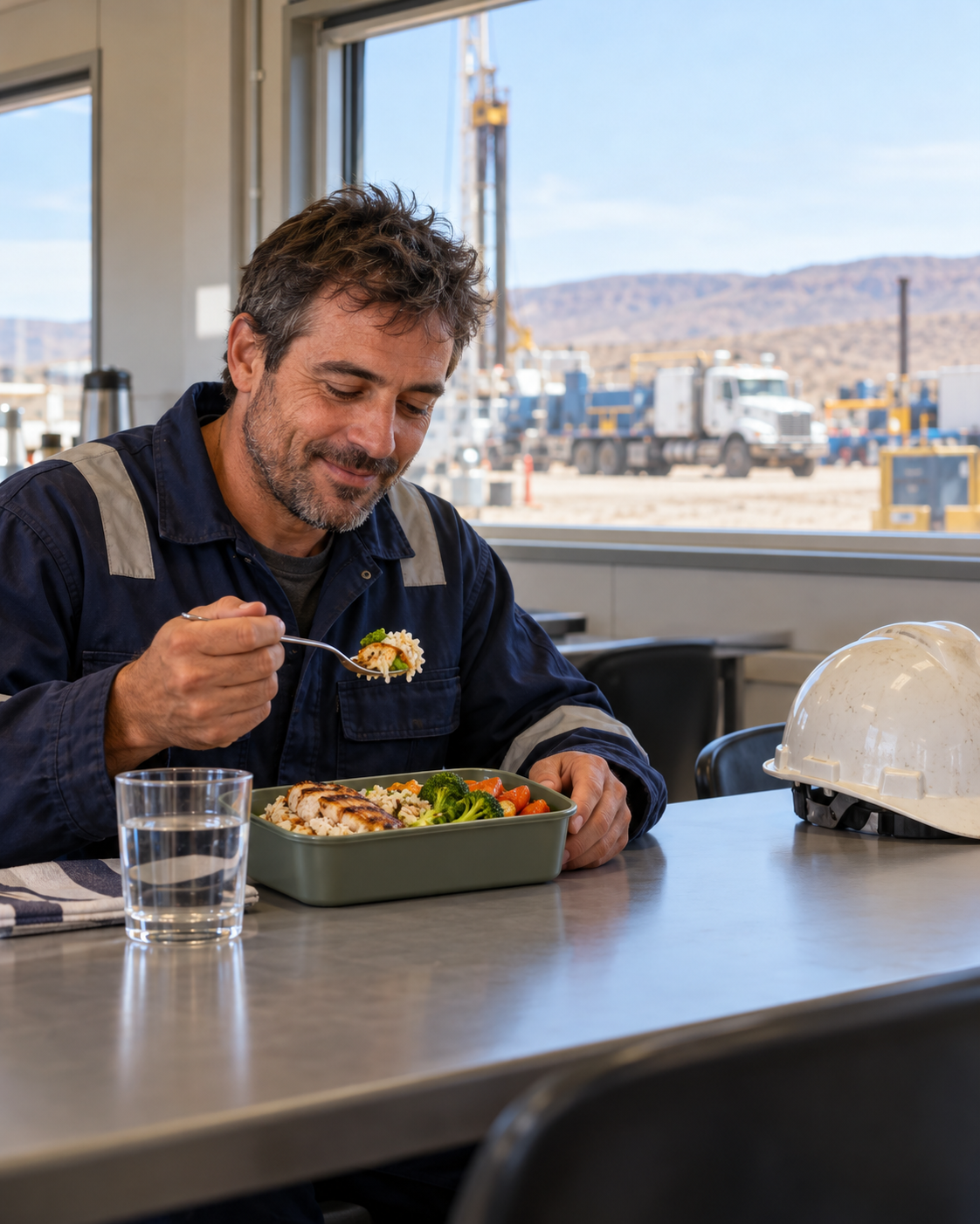 Trabajador de servicios petroleros comiendo su vianda en la empresa